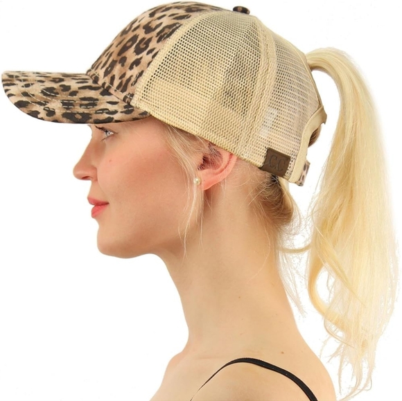 C.C Exclusives Leopard Print Mesh Trucker Dad Hat with Messy Bun Ponytail Hole - Picture 1 of 8
